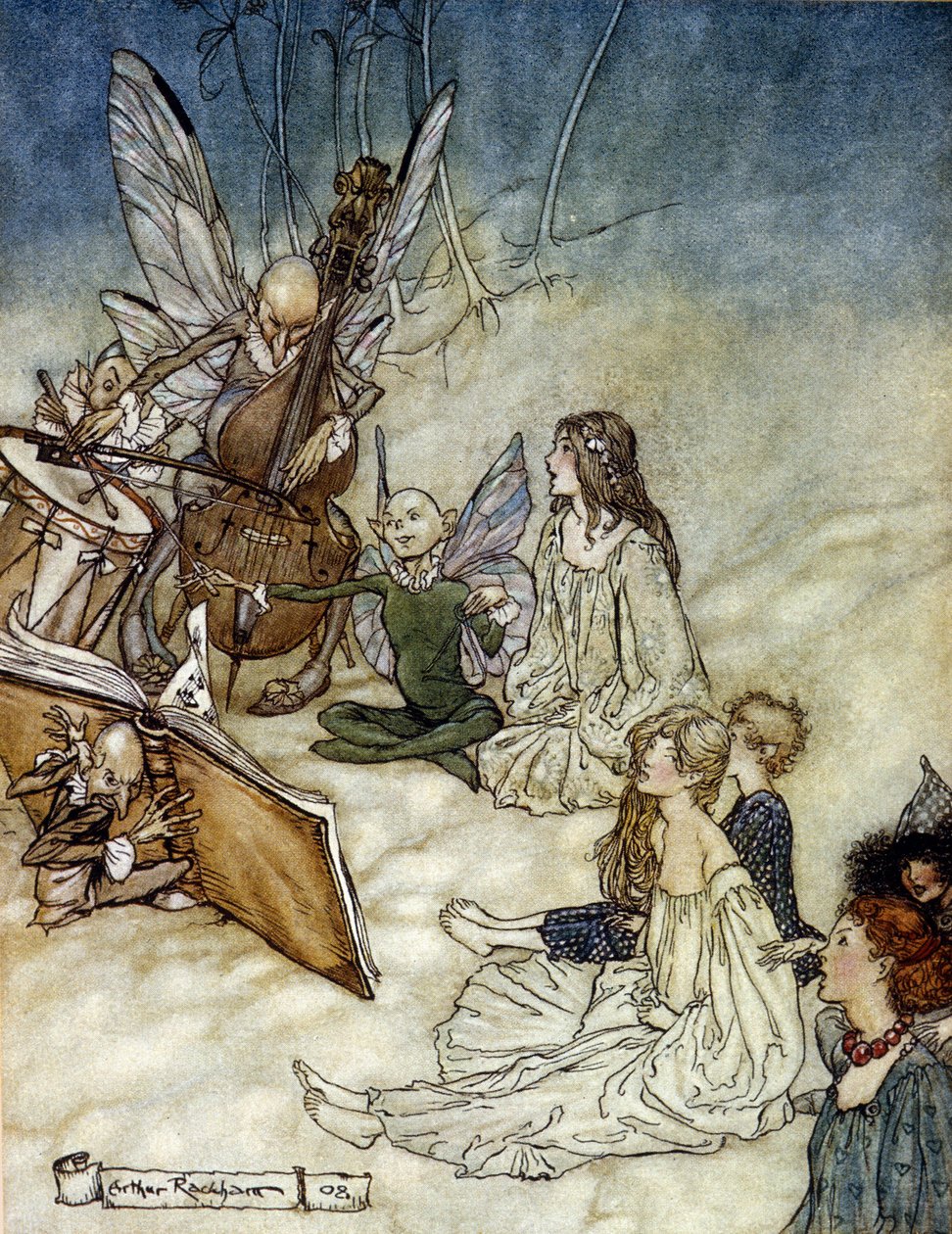 Elfen spielen Musik. Illustration von Arthur Rackham für Ein Sommernachtstraum von William Shakespeare von Arthur Rackham