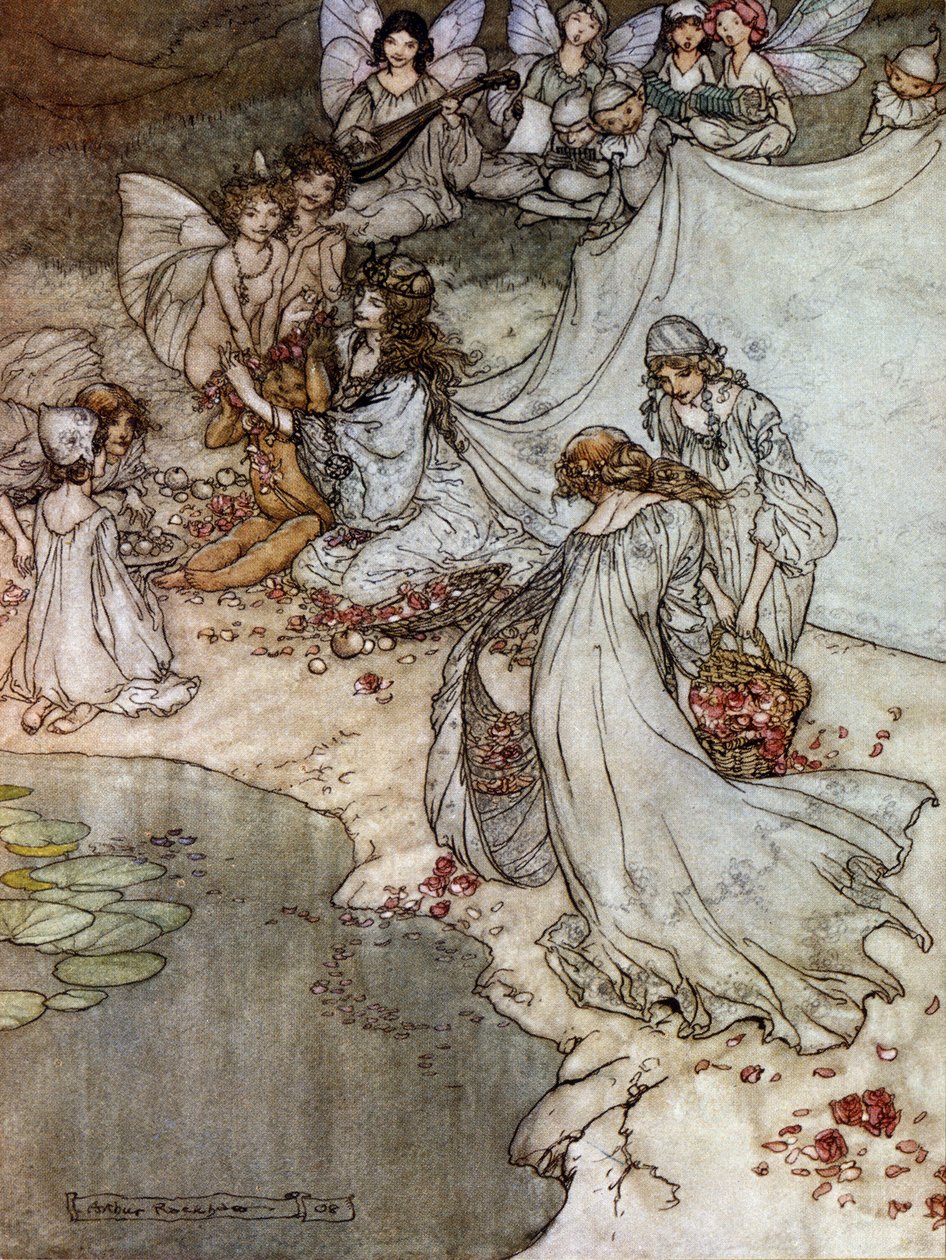 Elfen machen Rosenketten. Illustration für Ein Sommernachtstraum von William Shakespeare von Arthur Rackham