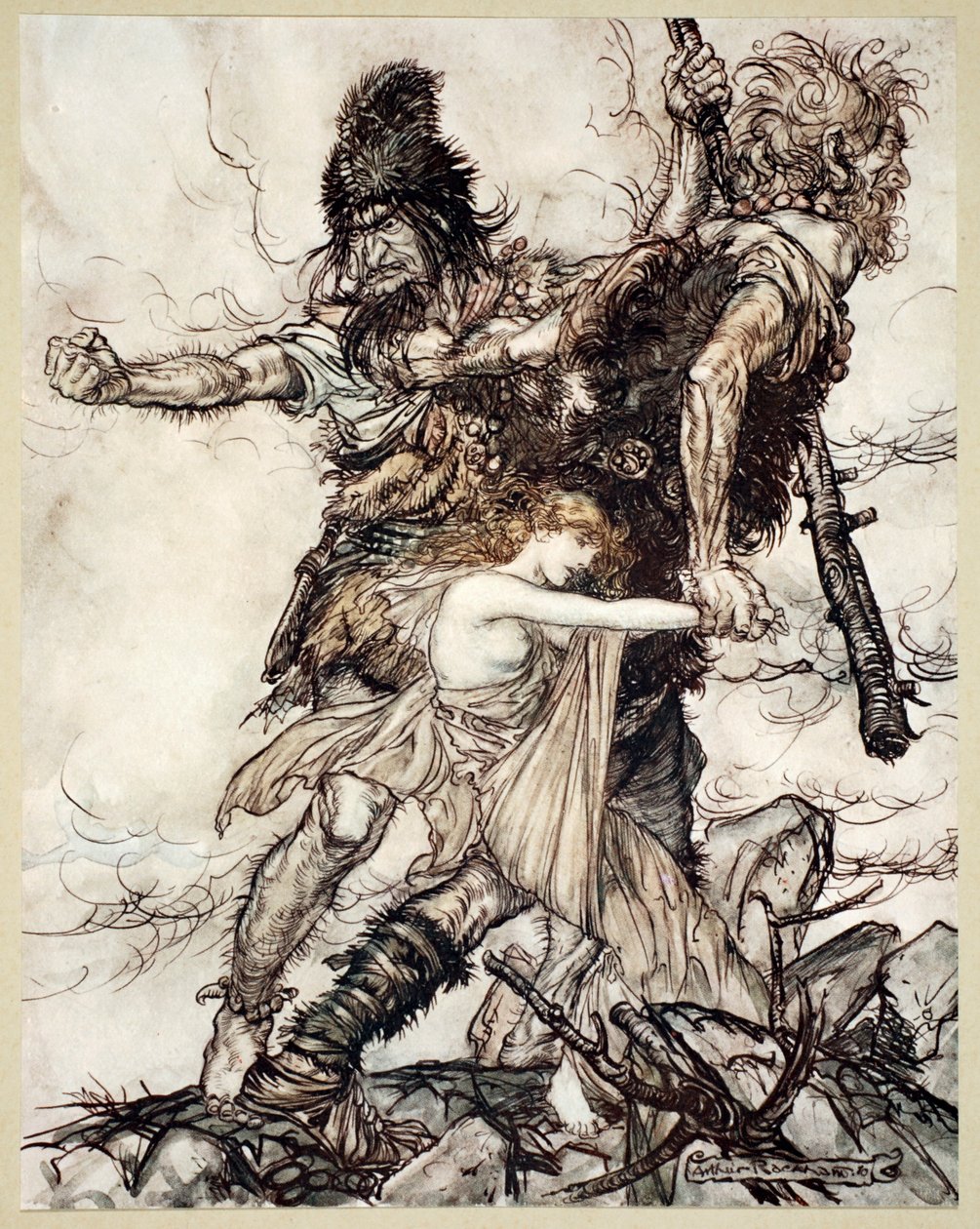 Fasolt ergreift plötzlich Freia und zieht sie mit Fafner zur Seite von Arthur Rackham