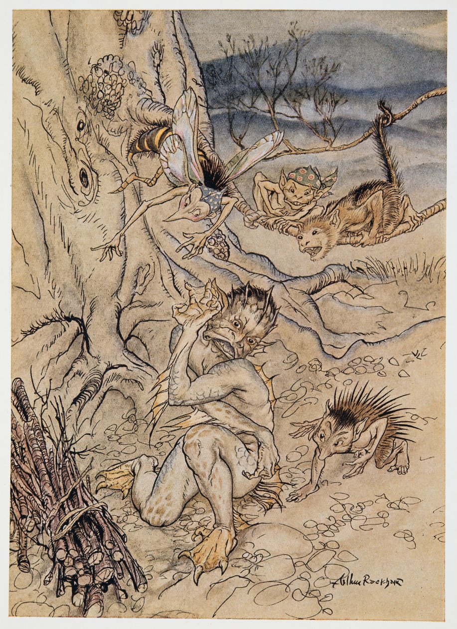 Wegen jeder Kleinigkeit werden sie auf mich gesetzt, Illustration aus William Shakespeares Der Sturm, veröffentlicht 1926 von Arthur Rackham