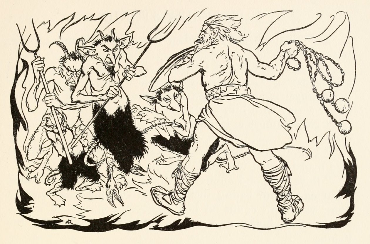 Goll mac Morna stürmt die Hölle, um Fionn und die Fianna-Finn zu retten, aus The Little Brawl at Allen in Irish Fairy Tales von Arthur Rackham