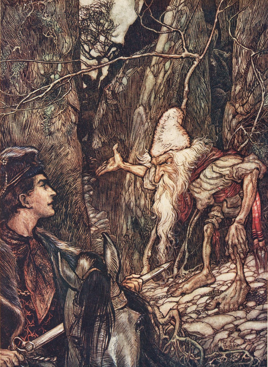 Guter Zwerg, kannst du mir nicht sagen, wo meine Brüder sind? aus den Märchen der Brüder Grimm, veröffentlicht 1909 von Arthur Rackham