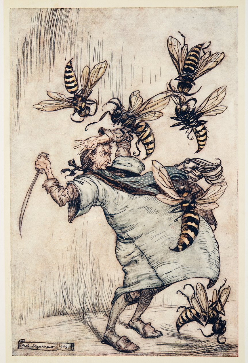 Gullivers Kampf mit den Wespen, aus Gullivers Reisen von Jonathon Swift, veröffentlicht 1909 von Arthur Rackham