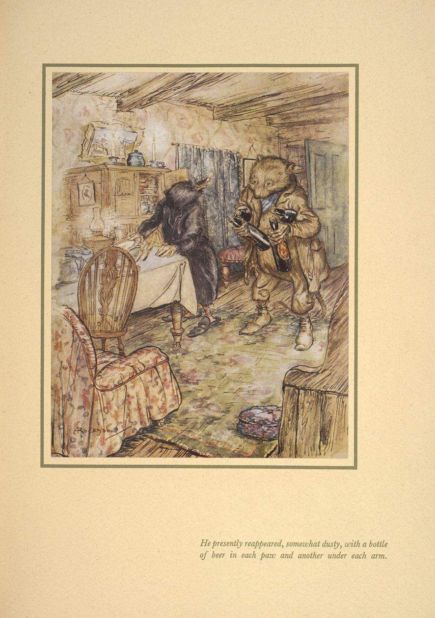 Er erschien bald wieder, etwas staubig, mit einer Flasche Bier unter jedem Arm von Arthur Rackham