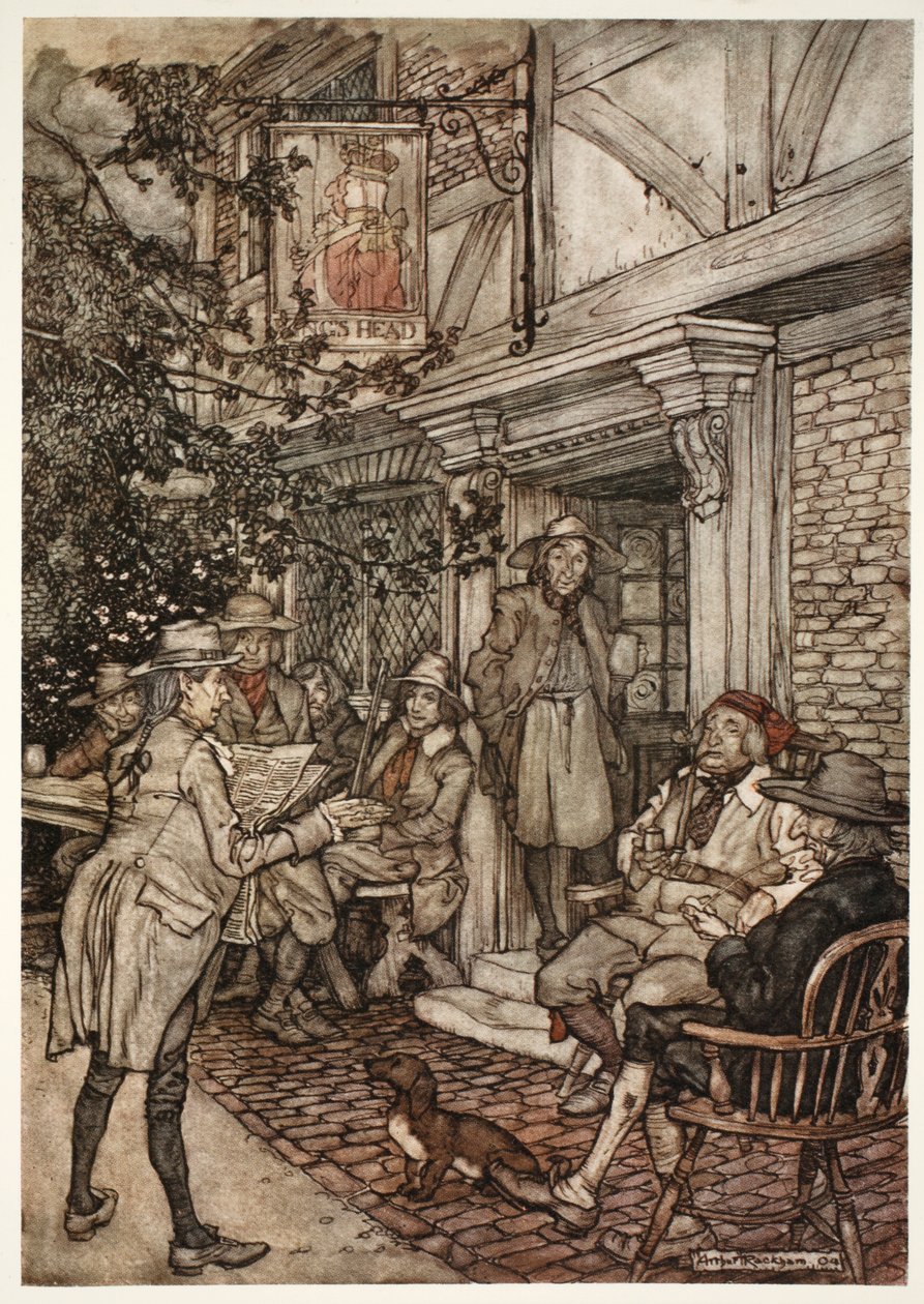 Er tröstete sich, indem er häufig einen Art ewigen Club der Weisen, Philosophen und anderen Müßiggänger besuchte, der seine Sitzungen vor einem kleinen Gasthaus abhielt., aus Rip Van Winkle von Washington von Arthur Rackham