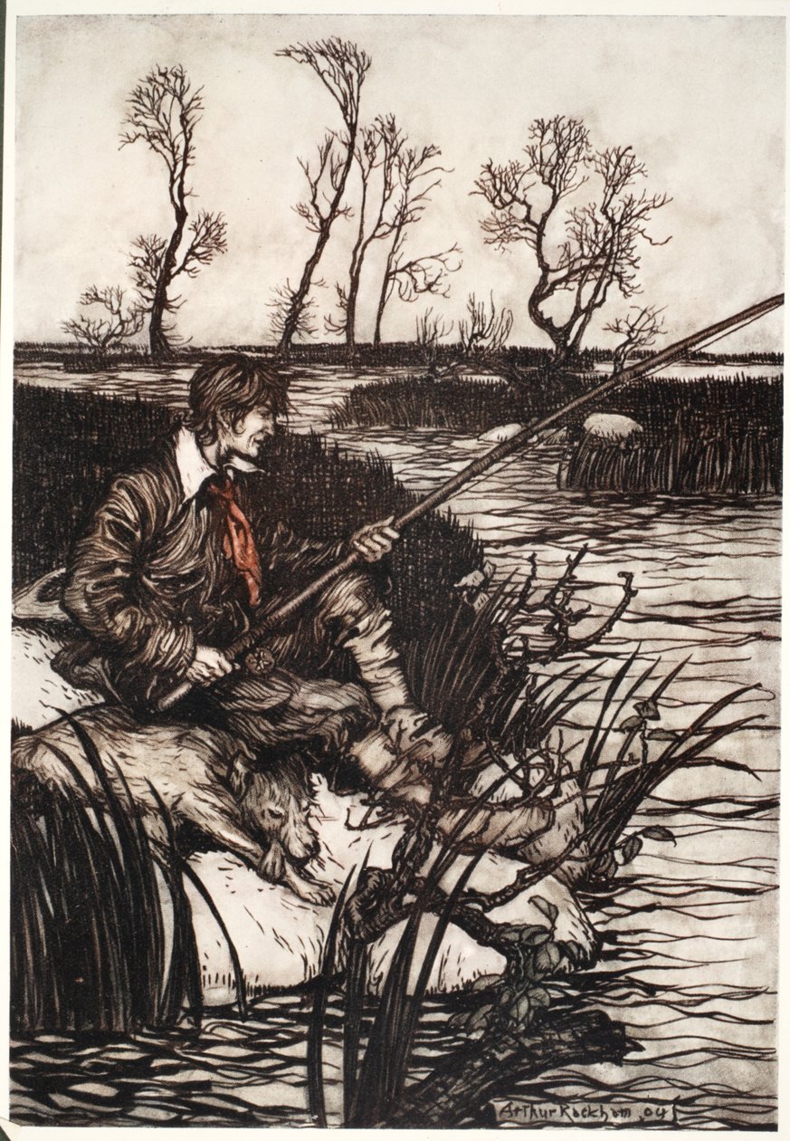 Er würde den ganzen Tag auf einem nassen Felsen sitzen und angeln., aus Rip Van Winkle von Washington Irving, veröffentlicht 1910 von Arthur Rackham