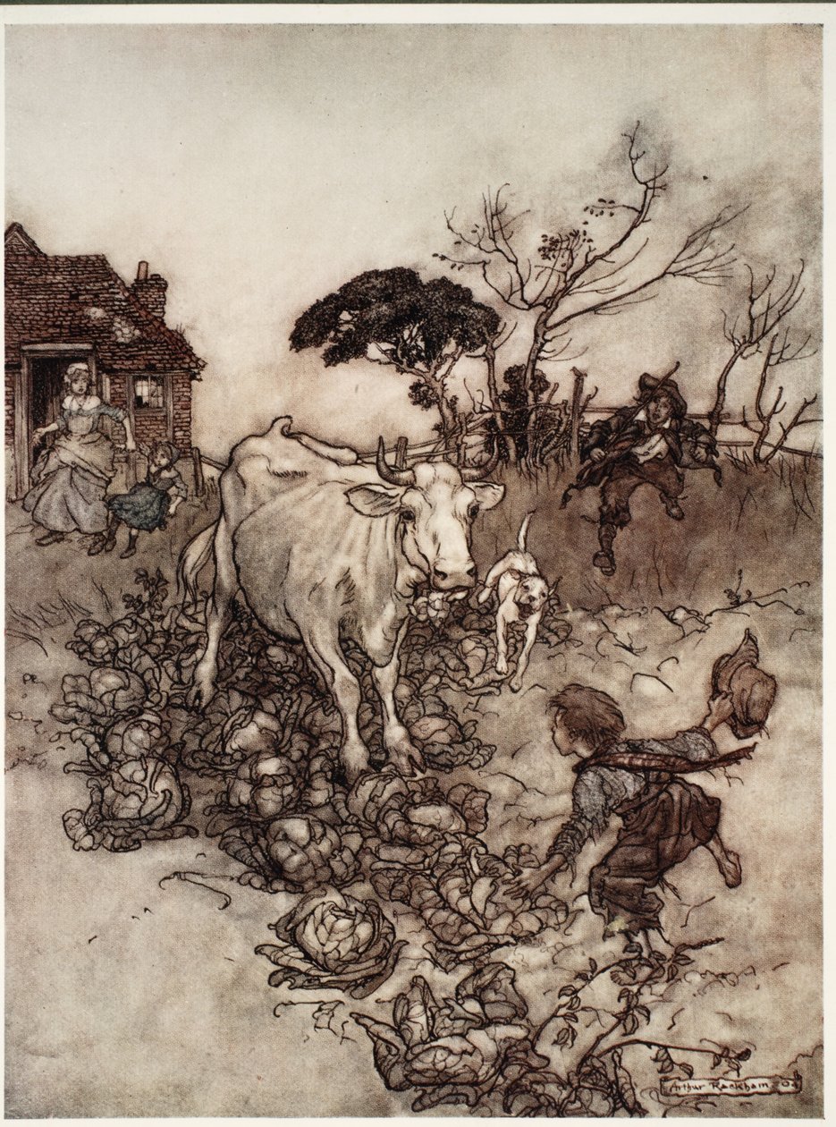 Seine Kuh würde sich verirren oder unter die Kohlköpfe geraten., aus Rip Van Winkle von Washington Irving, veröffentlicht 1910 von Arthur Rackham