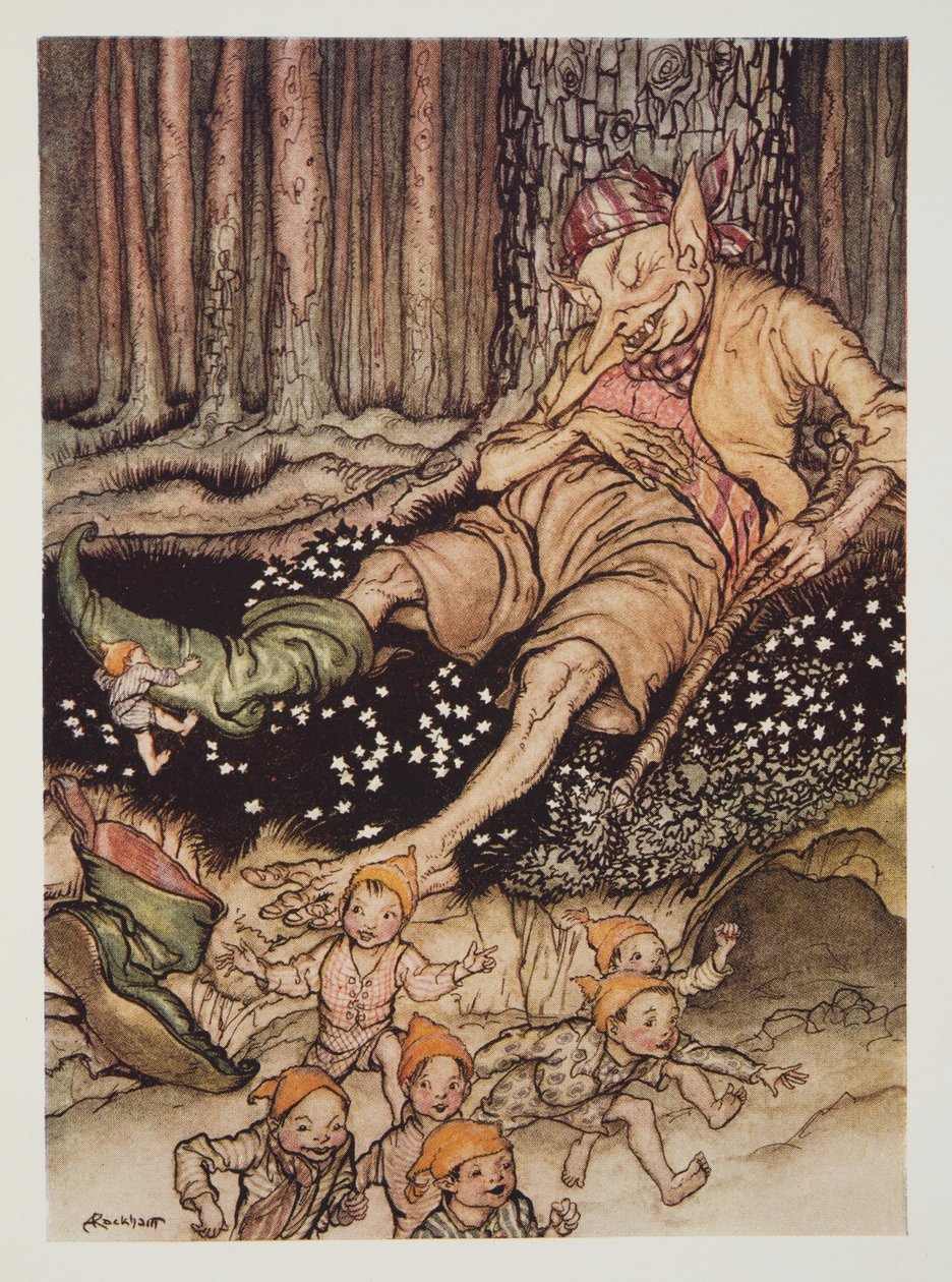 Hop-o-my-thumb schlich sich zum Ogre und zog ihm seine Siebenmeilenstiefel aus, aus The Arthur Rackham Fairy Book, veröffentlicht 1933 von Arthur Rackham