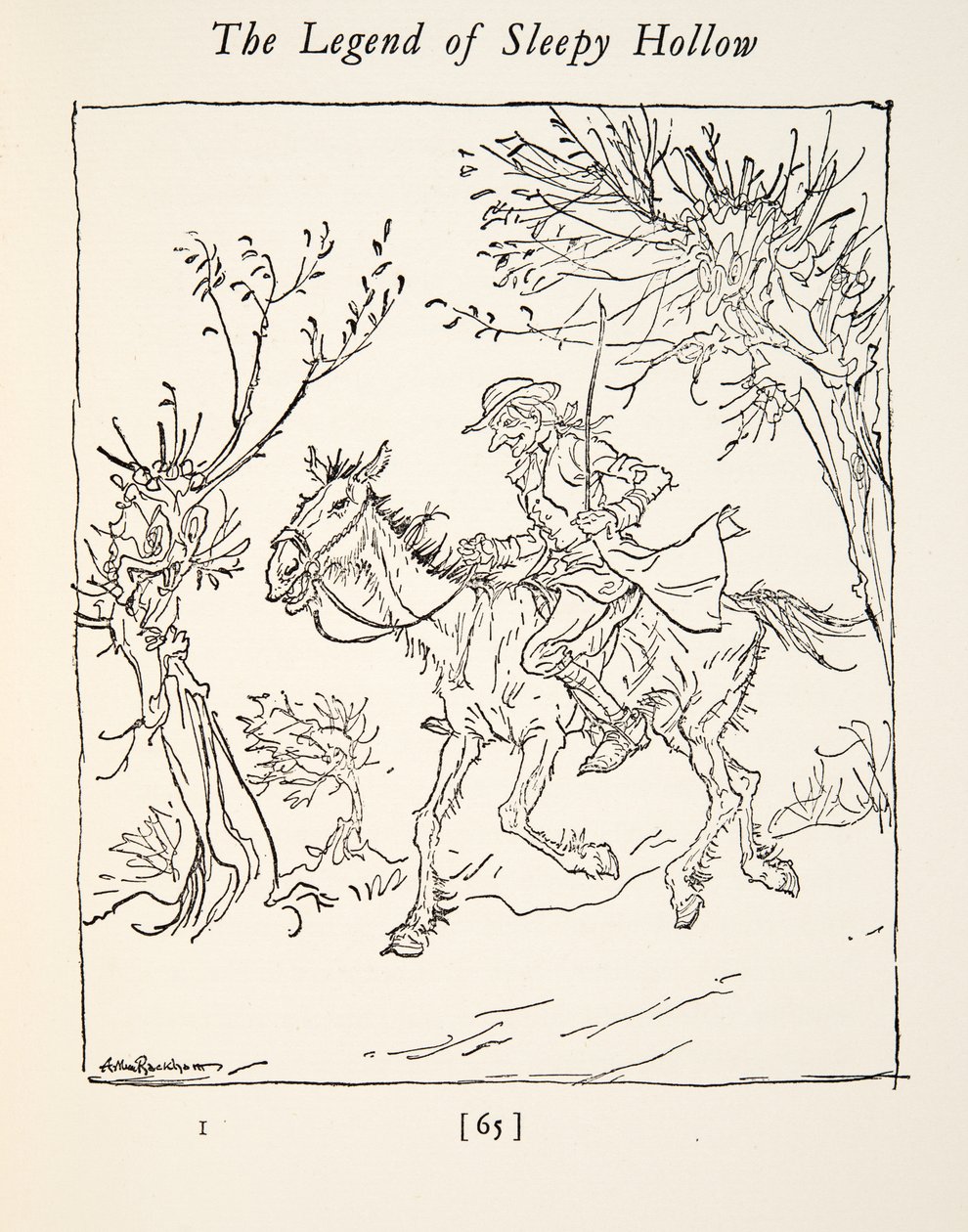 Ichabod Crane flieht vor dem kopflosen Reiter, aus Die Legende von Sleepy Hollow von Washington Irving (1783 - 1859), veröffentlicht 1928 von Arthur Rackham