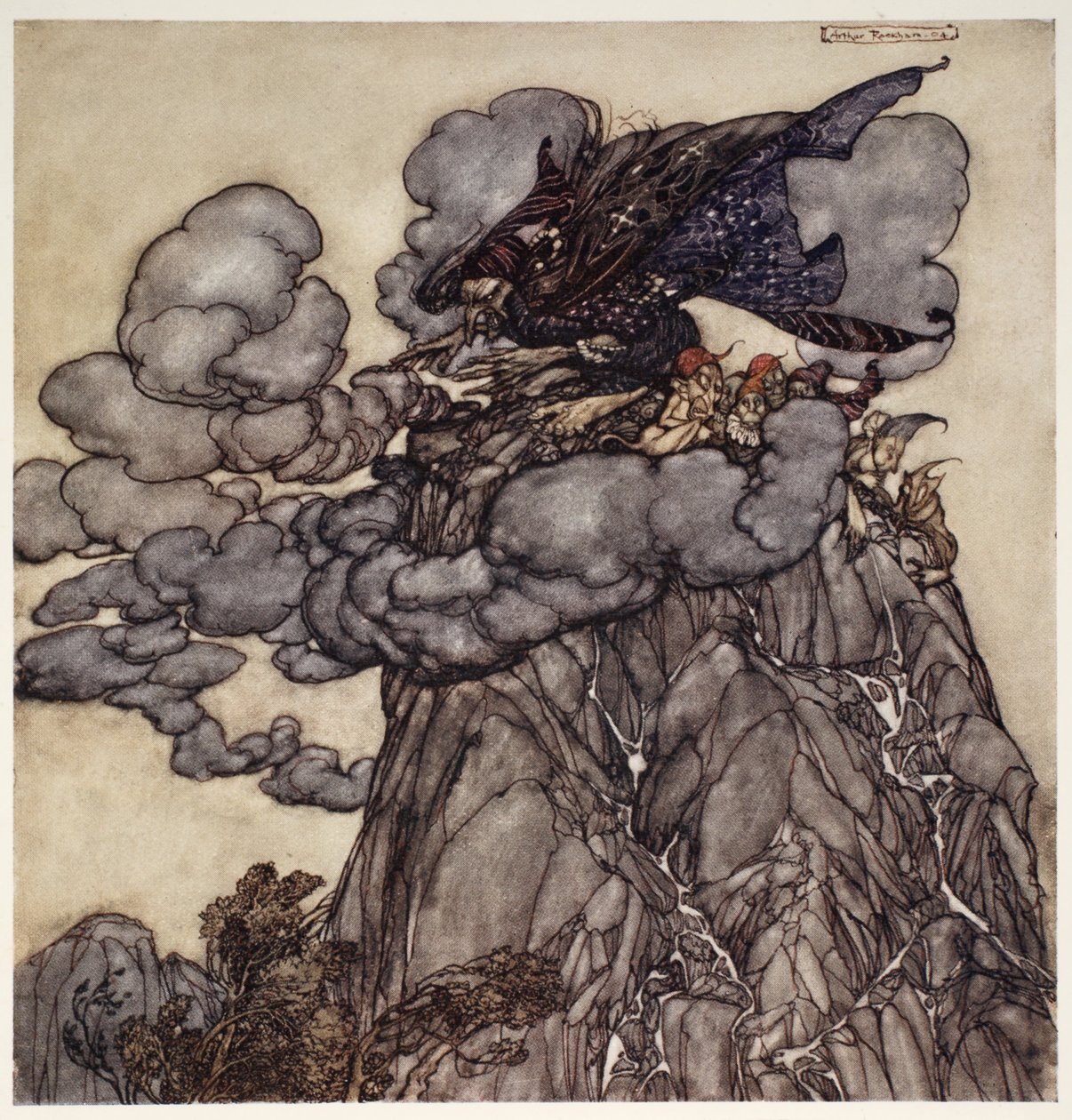 Wenn sie verärgert war, braute sie Wolken schwarz wie Tinte, saß in ihrer Mitte wie eine dickbauchige Spinne in ihrem Netz; wenn diese Wolken brachen, wehe den Tälern!, aus Rip Van Winkle von Arthur Rackham