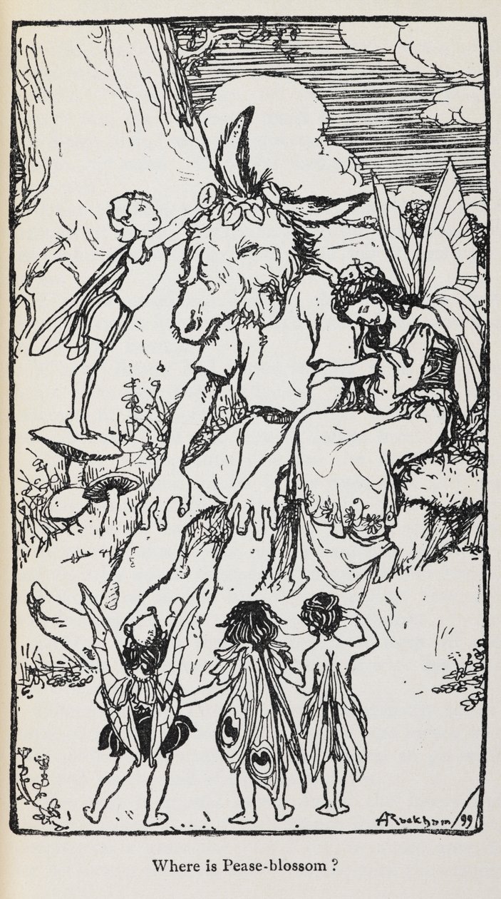 Illustration aus Ein Sommernachtstraum mit Feen und einem Mann mit einem Eselskopf. von Arthur Rackham