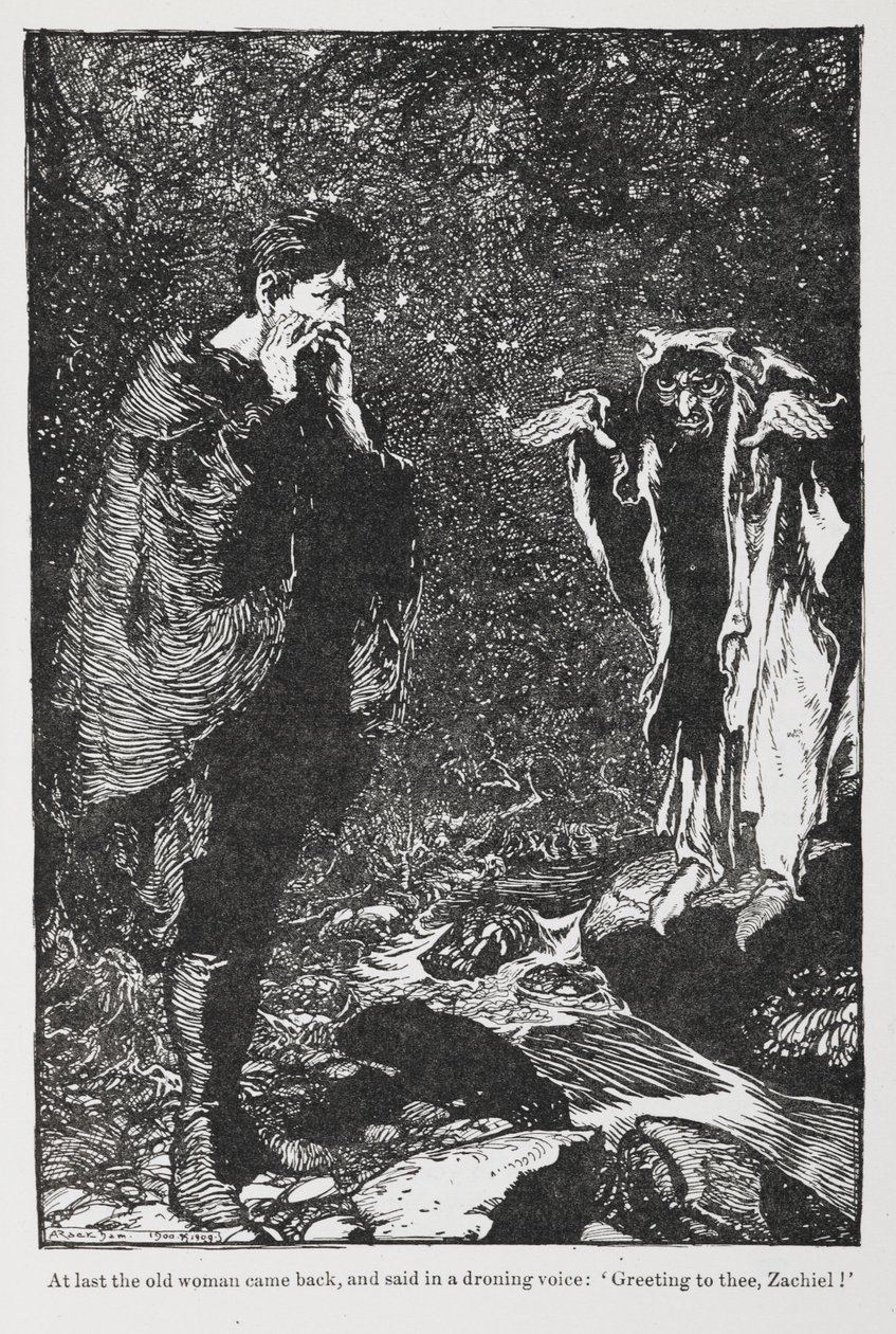 Illustration aus Jorinde und Joringel von Zachiel und der alten Frau. von Arthur Rackham