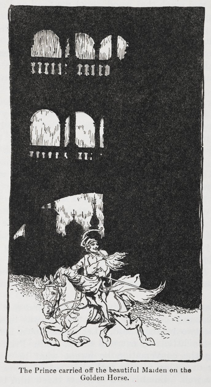 Illustration aus Der goldene Vogel, als der Prinz die Jungfrau auf dem Pferd entführt. von Arthur Rackham