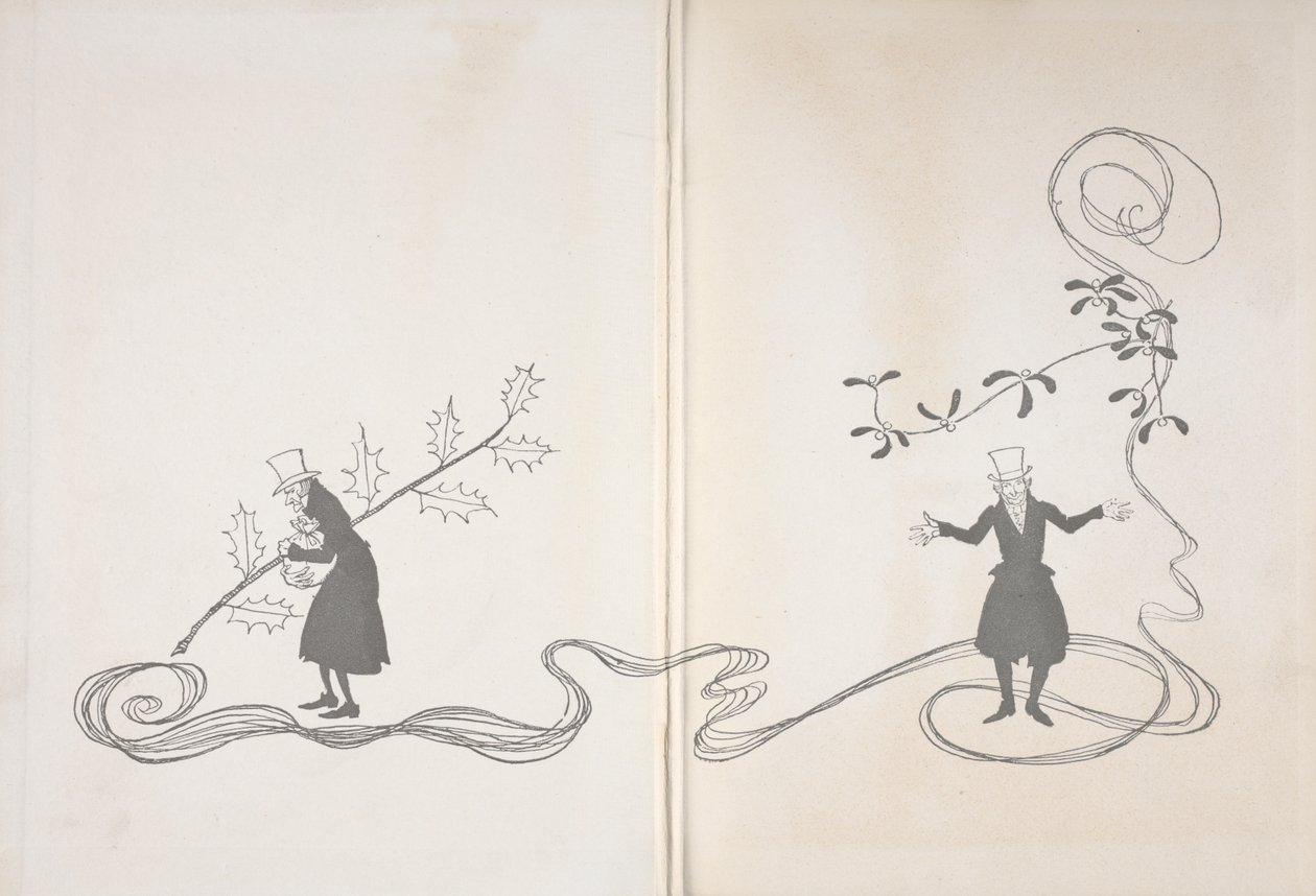 Illustration von Scrooge. Auf der einen Seite ist er mit einem Stechpalmenzweig dargestellt, wie er eine Geldtasche hält und wütend aussieht. Auf der anderen Seite ist er mit einem Mistelzweig dargestellt und sieht glücklich aus. von Arthur Rackham
