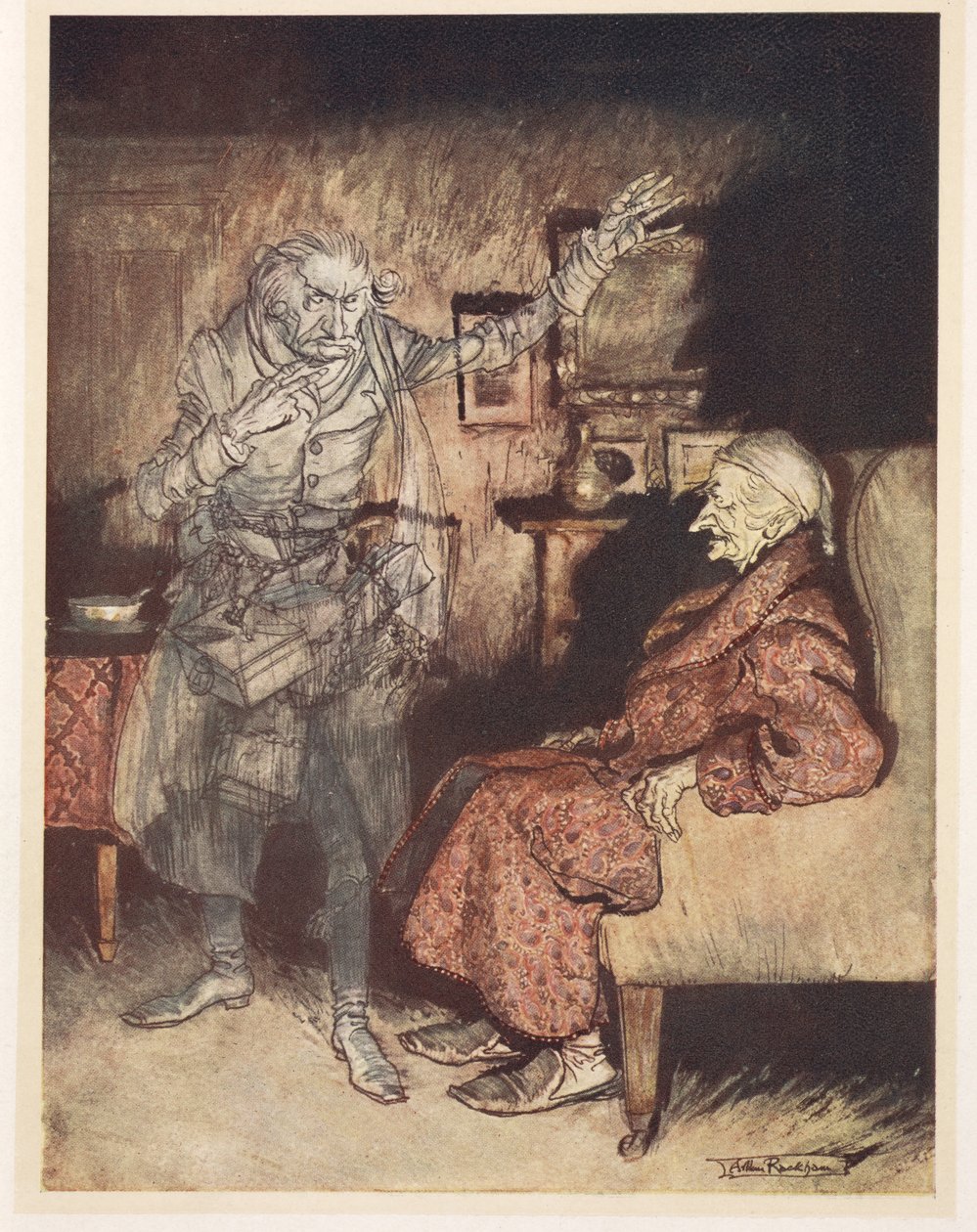Illustration von Scrooge mit dem Geist der vergangenen Weihnacht von Arthur Rackham