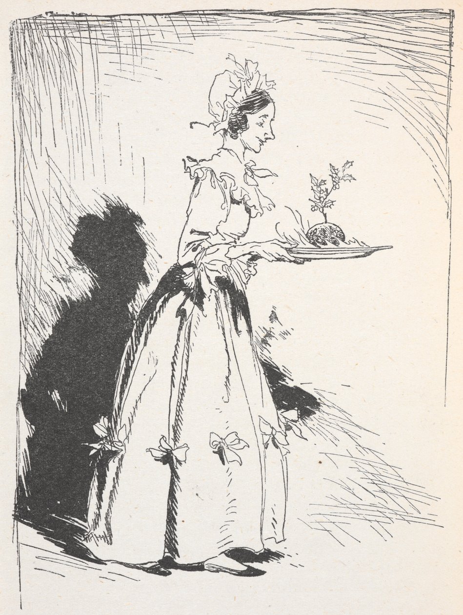 Illustration einer Frau, die einen Weihnachtskuchen trägt von Arthur Rackham
