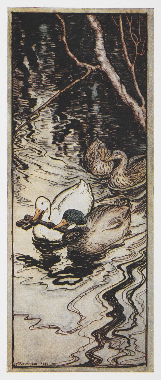 Illustration von zwei Enten, die einen Schlüssel tragen, aus Die Bienenkönigin von Arthur Rackham