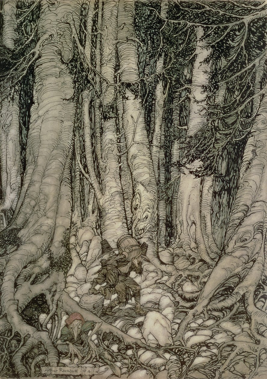 Im Wald mit einem Fass aus Rip Van Winkle, geschrieben von Washington Irving (1783-1859), 1905 von Arthur Rackham