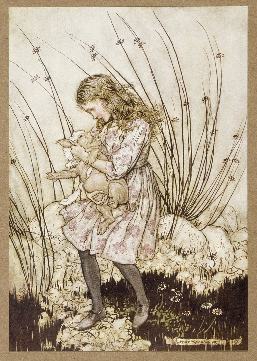 "Es grunzte wieder so heftig, dass sie etwas alarmiert in sein Gesicht blickte", aus Alice im Wunderland, von Lewis Carroll, veröffentlicht 1907 (Farblithografie) von Arthur Rackham