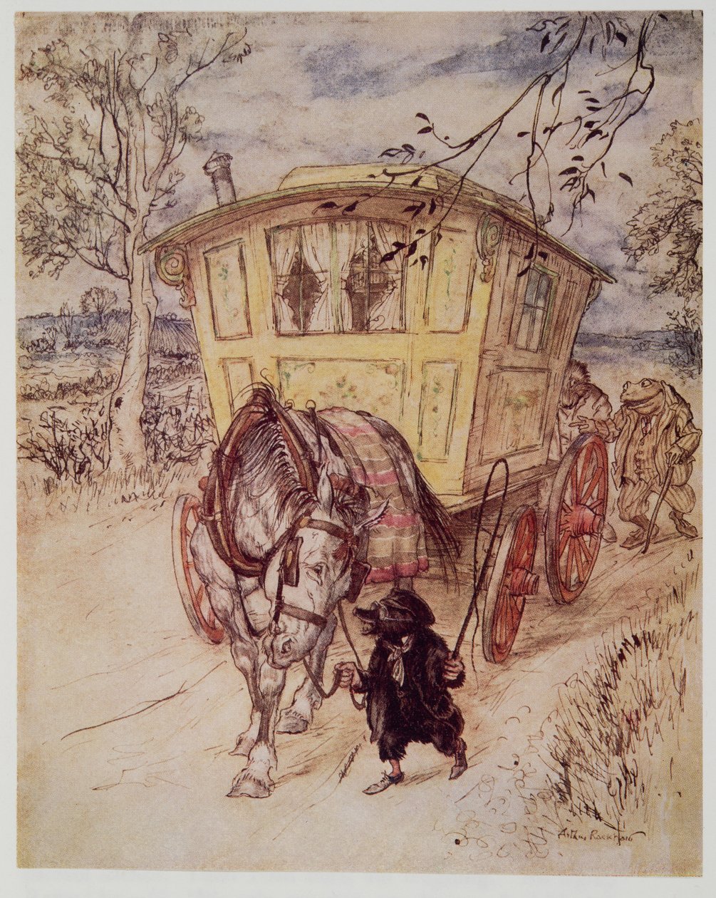 Es war ein goldener Nachmittag: Der Geruch des Staubs, den sie aufwirbelten, war reich und befriedigend, aus Wind in den Weiden von Kenneth Grahame (1859 - 1932), veröffentlicht 1940 von Arthur Rackham