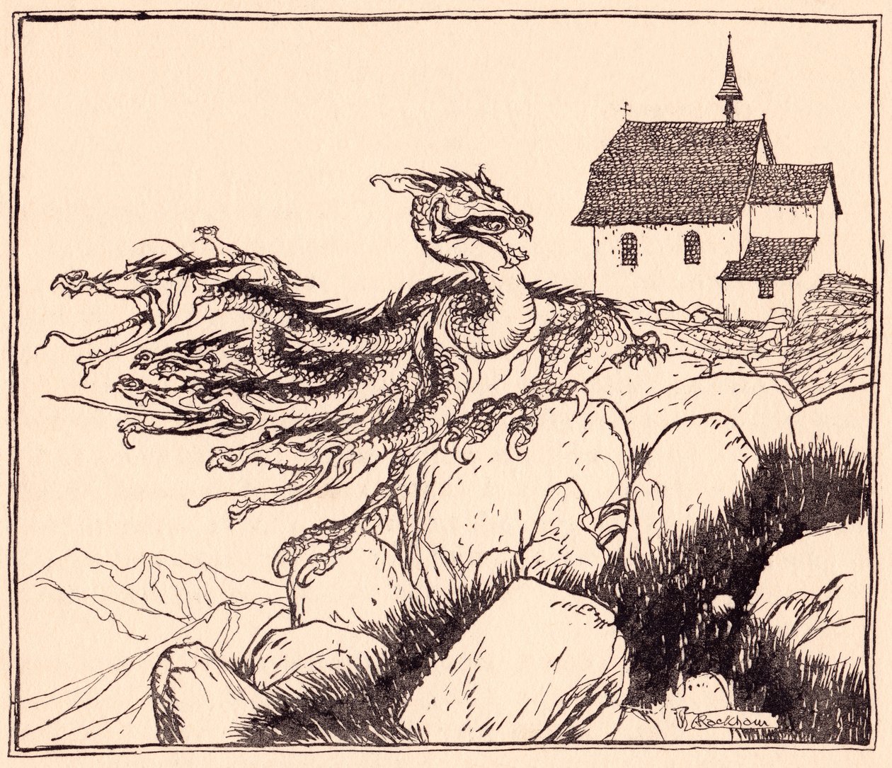 Es dauerte nicht lange, bis der siebenköpfige Drache laut brüllend kam. Illustration von Arthur Rackham aus Grimms Märchen Die zwei Brüder. von Arthur Rackham