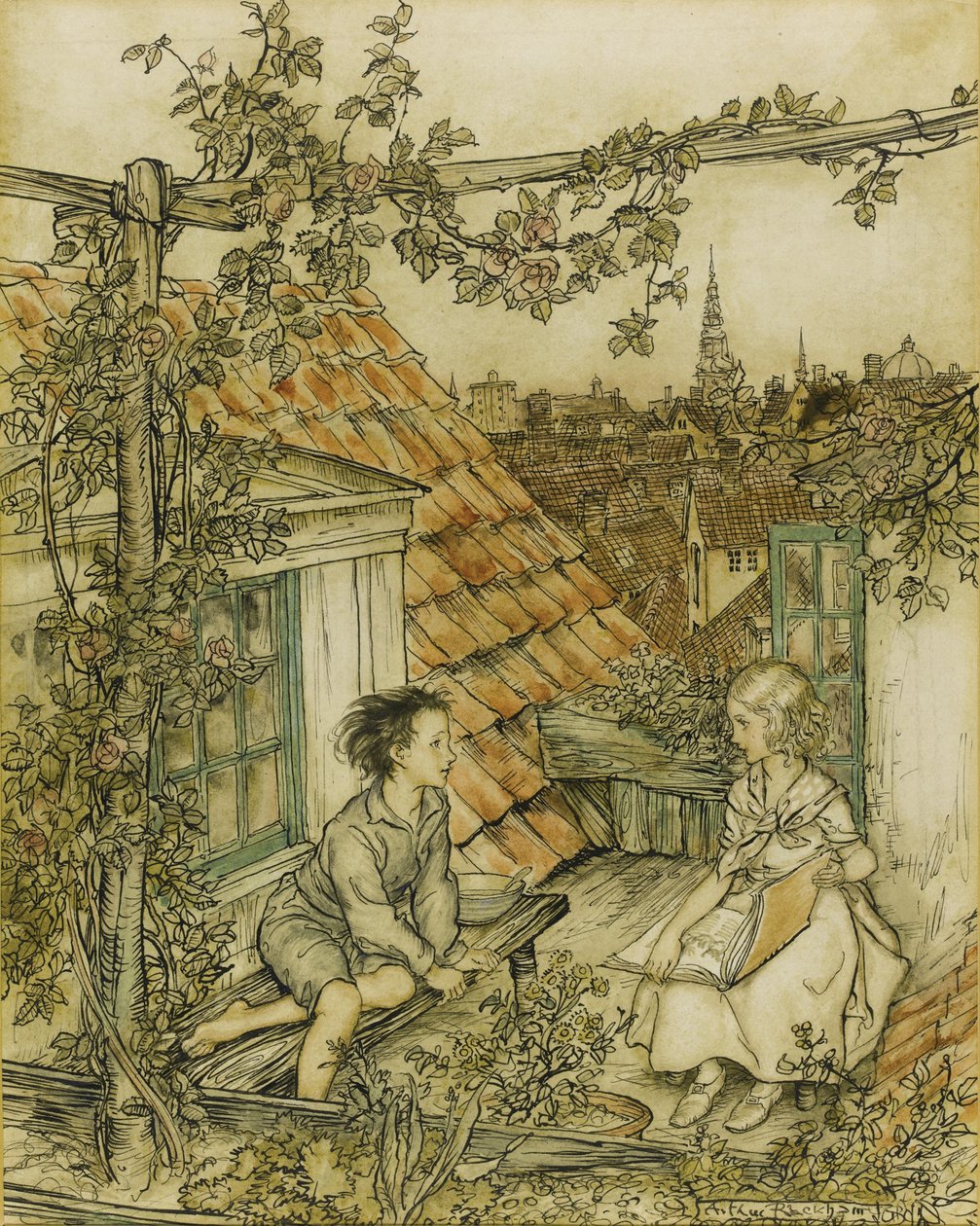 Kay und Gerda in ihrem Garten hoch oben auf dem Dach. Illustration für das Märchen Die Schneekönigin von Arthur Rackham