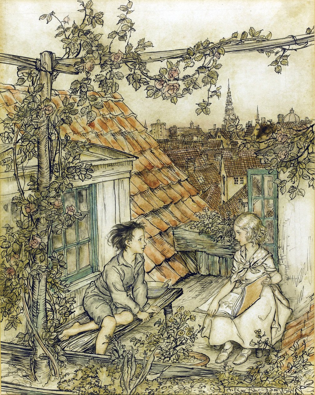Die Schneekönigin - Kay und Gerda in ihrem Garten hoch oben auf dem Dach von Arthur Rackham