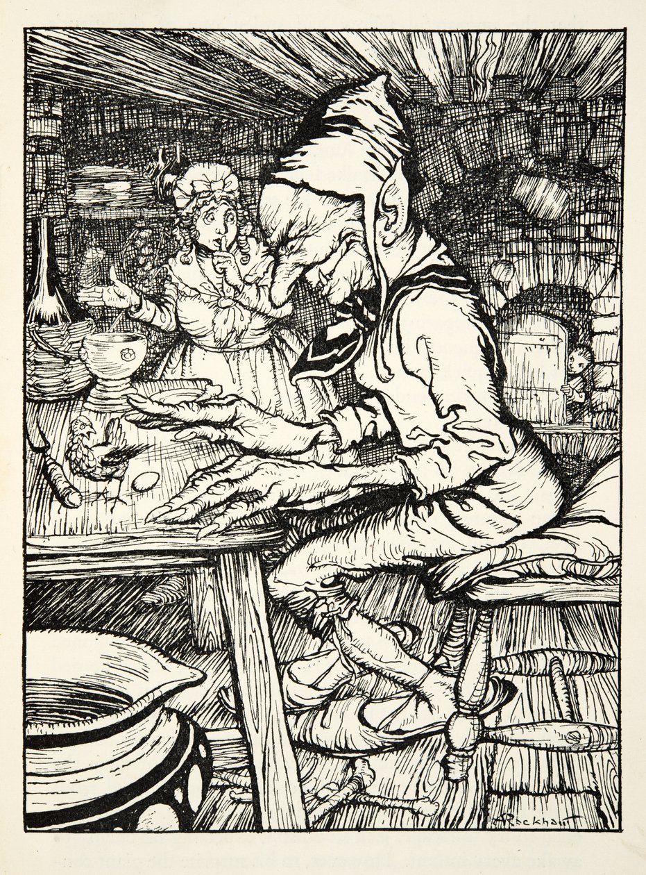 Leg!, brüllte der Riese und dann legte die Henne sofort ein Ei aus massivem Gold, aus The Arthur Rackham Fairy Book, veröffentlicht 1933 von Arthur Rackham