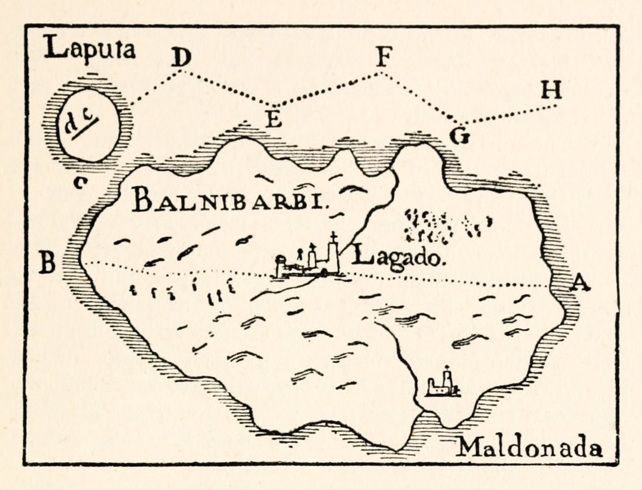 Karte von Laputa (fliegende Insel oben rechts) und Balnibarbii (Hauptstadt Maldonada), aus Teil III: Eine Reise nach Laputa, Balnibarbi, Luggnagg, Glubbdubdrib und Japan in Gullivers Reisen von Jonathan Swift von Arthur Rackham