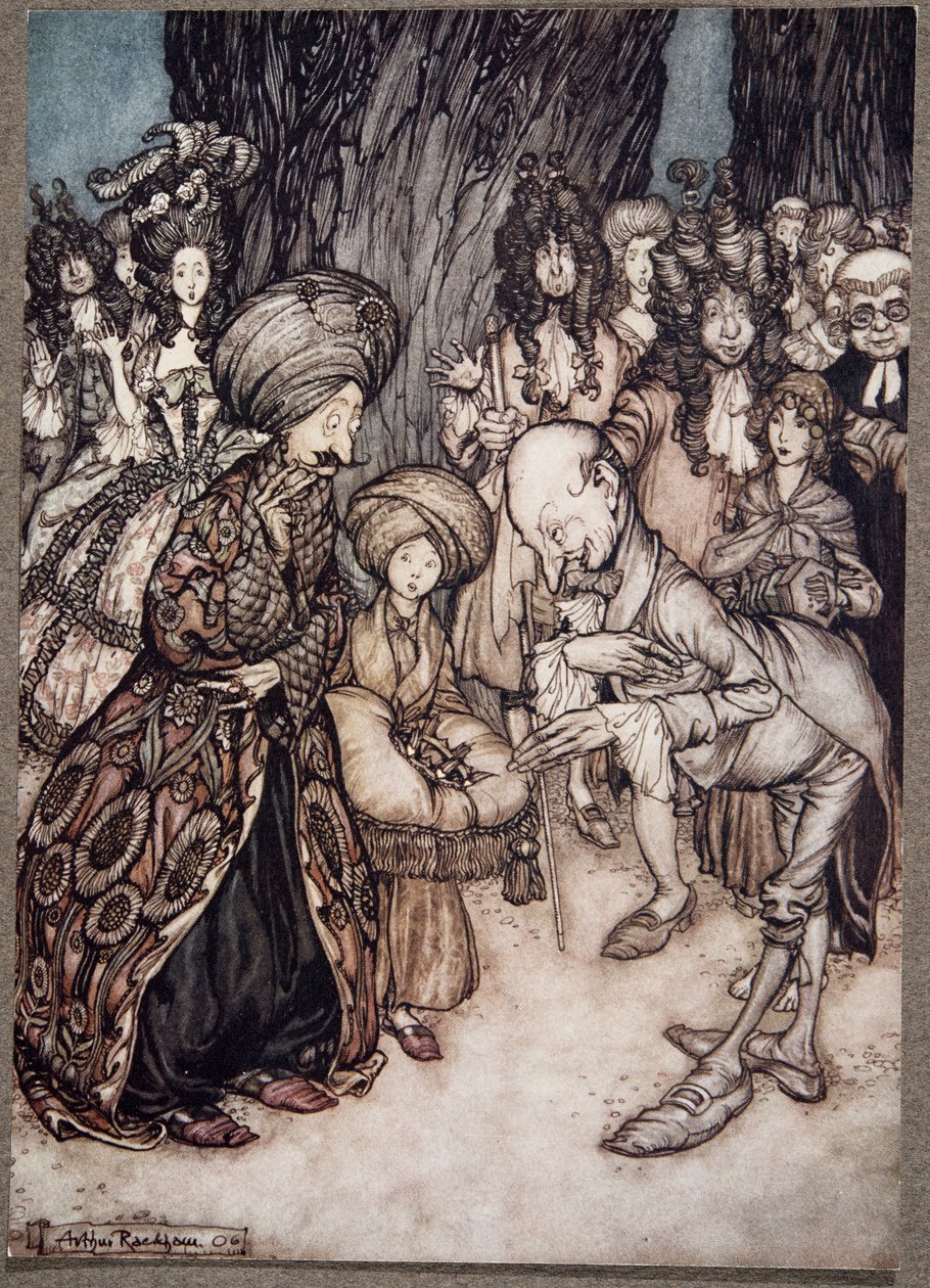 Mein Herr Herzog, sagte der Arzt begeistert, ich habe die Ehre, Eurer Exzellenz mitzuteilen, dass Eure Gnaden verliebt sind.., aus Peter Pan in Kensington Gardens von J. M. Barrie, veröffentlicht 1906 von Arthur Rackham