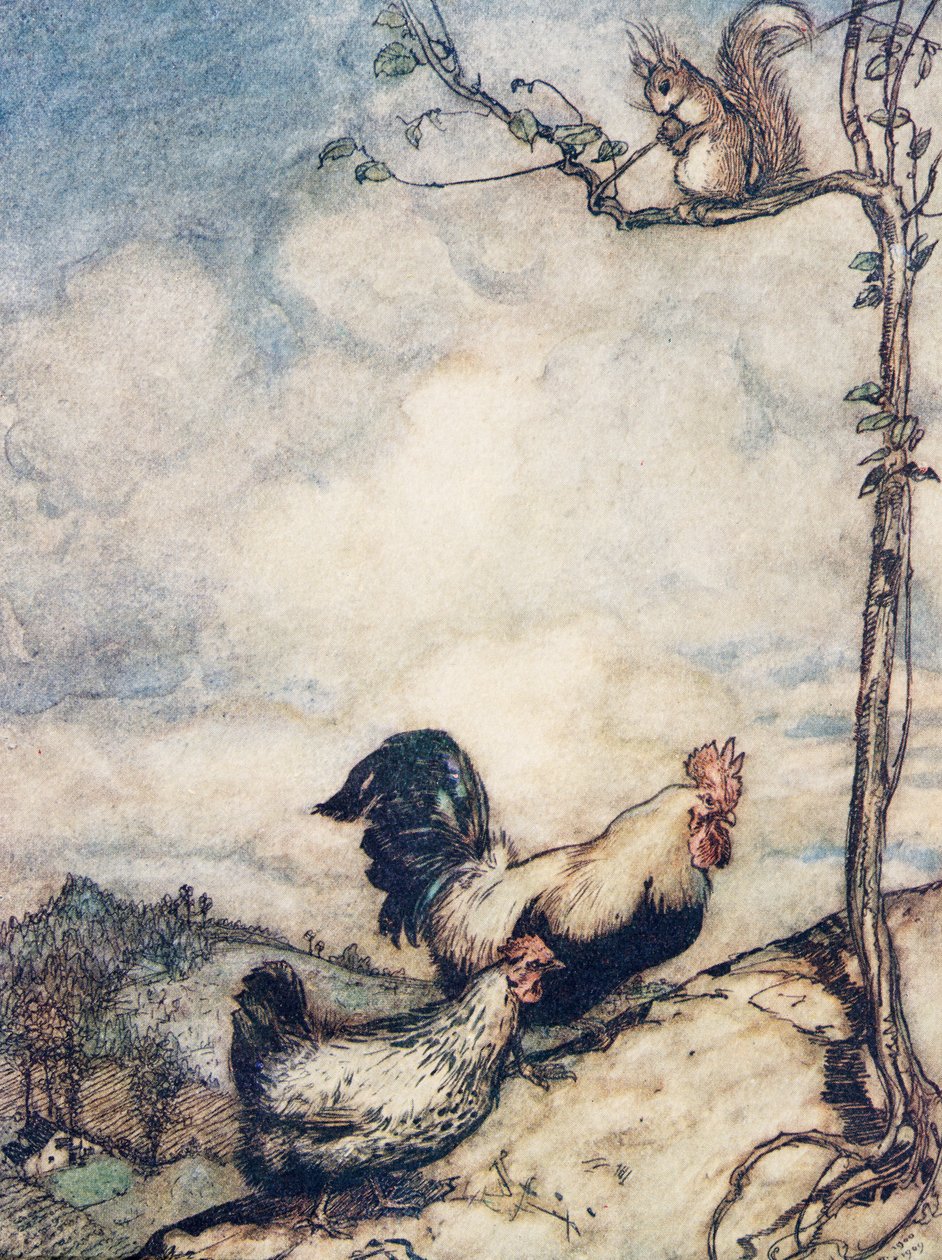 Jetzt gehen wir den Hügel hinauf und haben ein gutes Fest, bevor das Eichhörnchen alle Nüsse wegträgt, aus Die Märchen der Brüder Grimm, veröffentlicht 1909 von Arthur Rackham