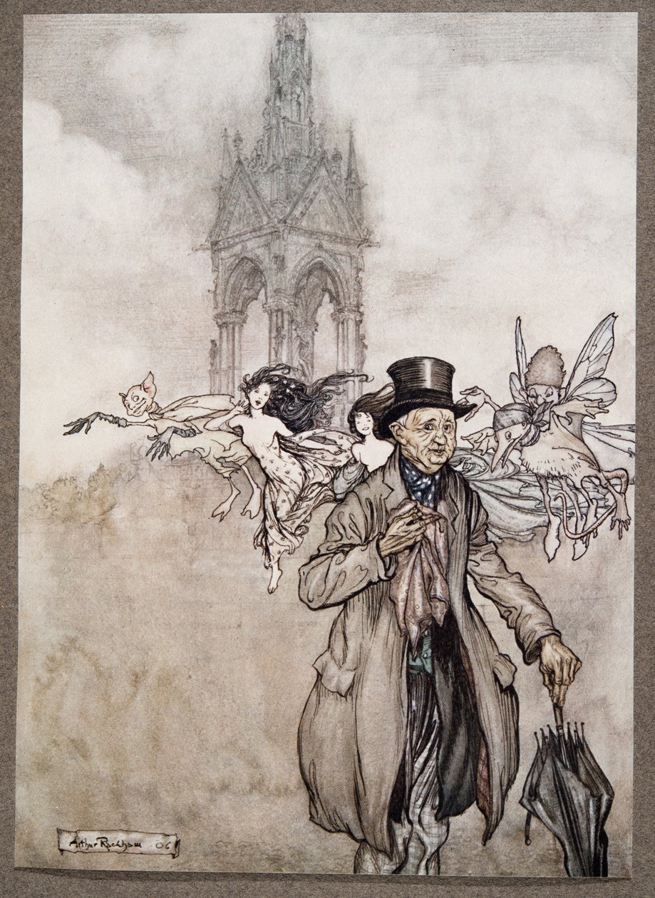 Der alte Herr Salford war ein mürrischer alter Herr, der den ganzen Tag in den Gärten umherwanderte, aus Peter Pan in Kensington Gardens von J M Barrie, veröffentlicht 1906 von Arthur Rackham