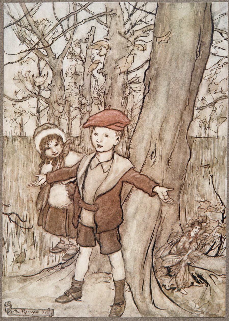 Eines Tages wurden sie von einer Fee belauscht .., aus Peter Pan in Kensington Gardens von J. M. Barrie (1860 - 1937), veröffentlicht 1906 von Arthur Rackham