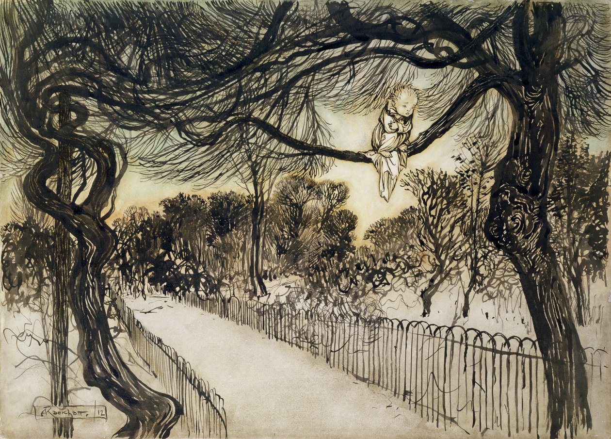 Peter Pan auf einem Ast, Szene aus Peter Pan in Kensington Gardens von J.M Barrie, 1912 von Arthur Rackham
