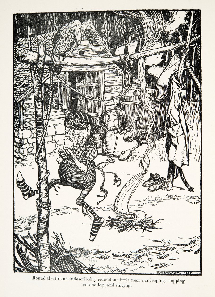 Rund um das Feuer sprang ein unbeschreiblich lächerlicher kleiner Mann auf einem Bein und sang, aus den Märchen der Brüder Grimm, veröffentlicht 1909 von Arthur Rackham