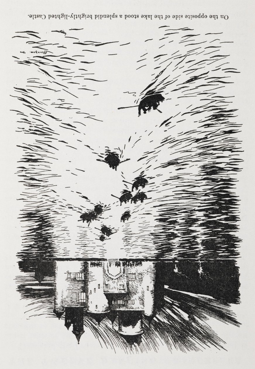 Ruderboote auf einem Fluss, die sich nachts einem Schloss nähern. von Arthur Rackham