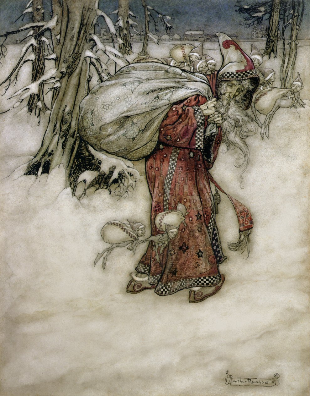 Weihnachtsmann, Illustration aus Arthur Rackhams Bilderbuch, 1907, veröffentlicht 1913 von Arthur Rackham