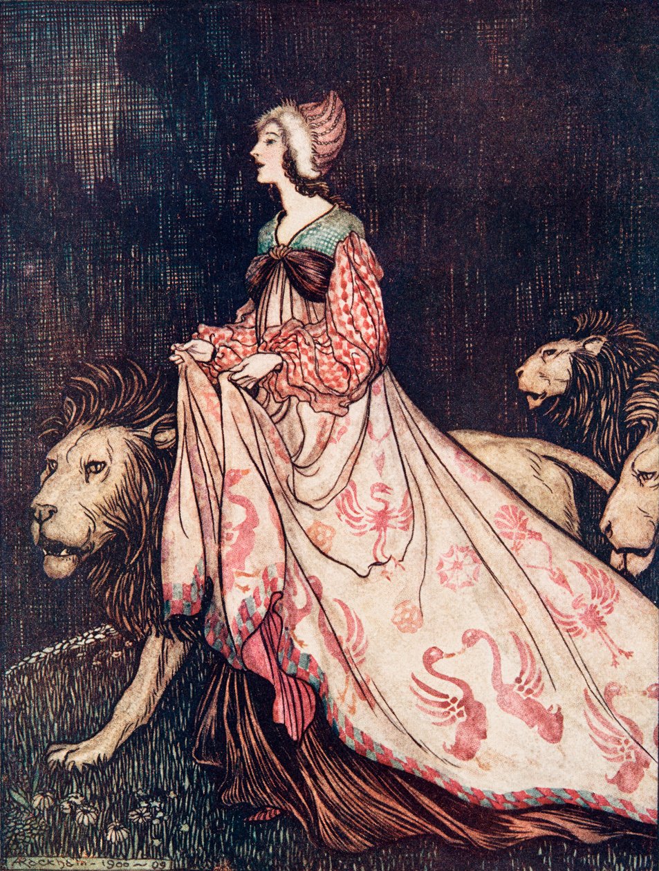 Sie ging begleitet von den Löwen weg, aus den Märchen der Brüder Grimm, veröffentlicht 1909 von Arthur Rackham