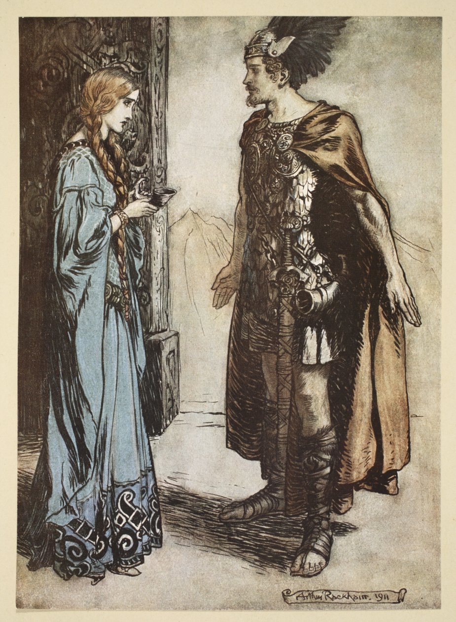 Siegfried gibt Gutrune das Trinkhorn zurück und blickt sie mit plötzlicher Leidenschaft an, Illustration aus 