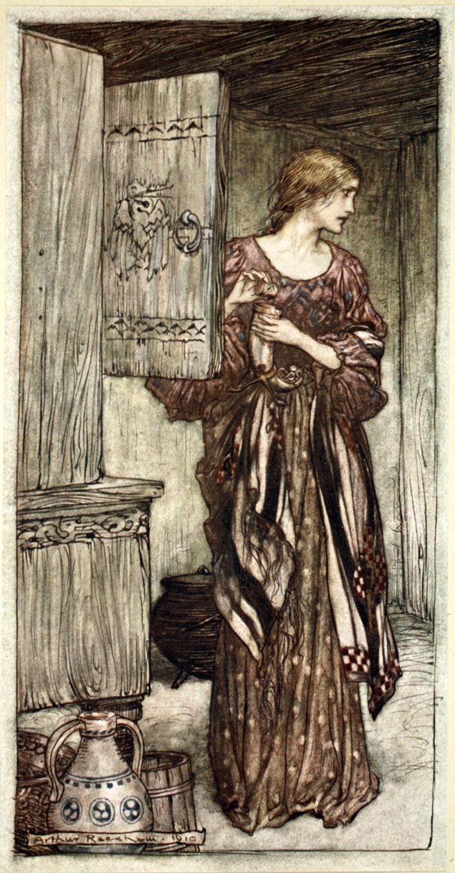 Sieglinde bereitet Hundings Trank für die Nacht vor von Arthur Rackham