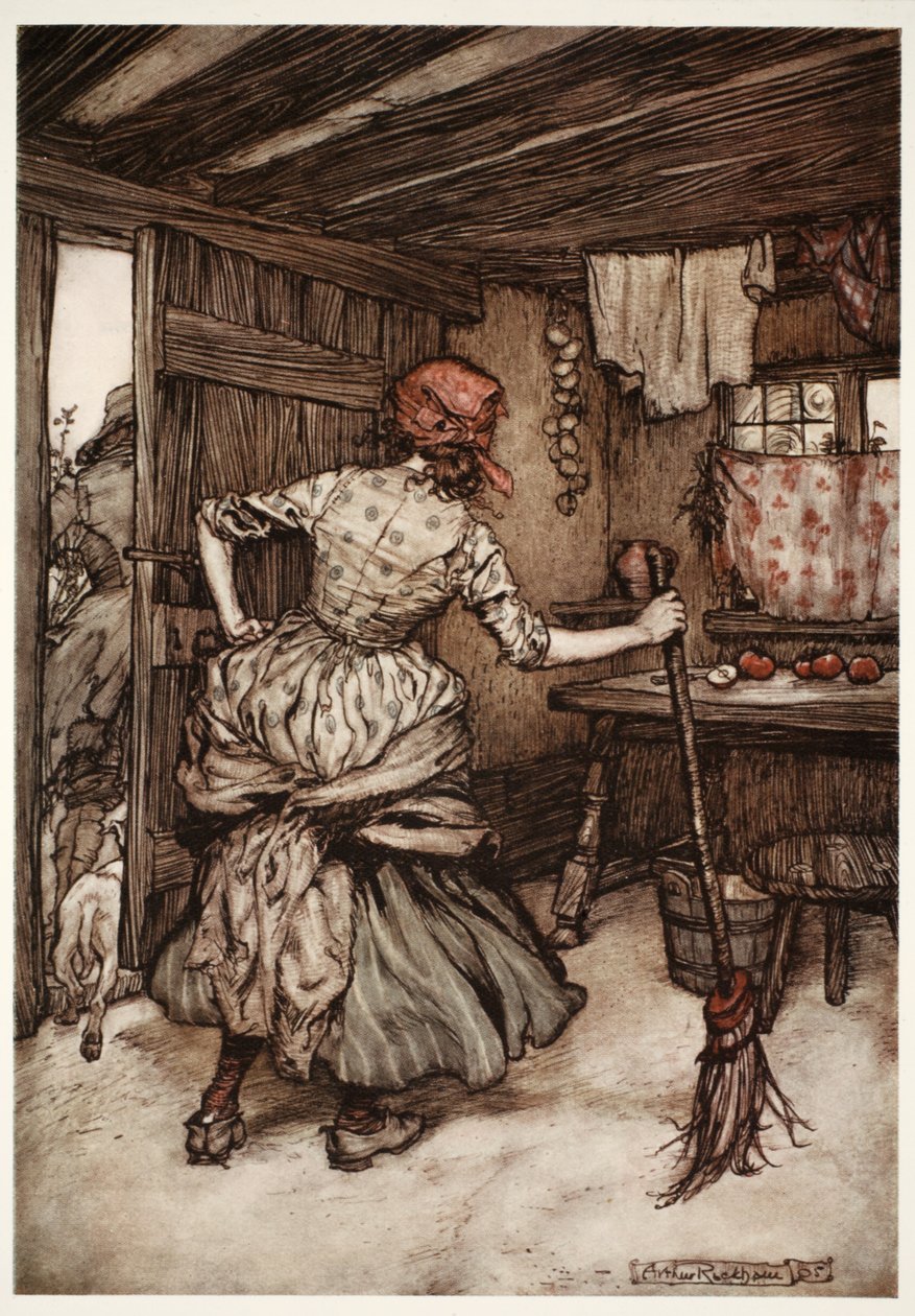 So dass er gezwungen war, seine Kräfte zurückzuziehen und sich auf die Außenseite des Hauses zu begeben - die einzige Seite, die in Wahrheit dem unterdrückten Ehemann gehört., aus Rip Van Winkle von Washington Irving, veröffentlicht 1910 von Arthur Rackham