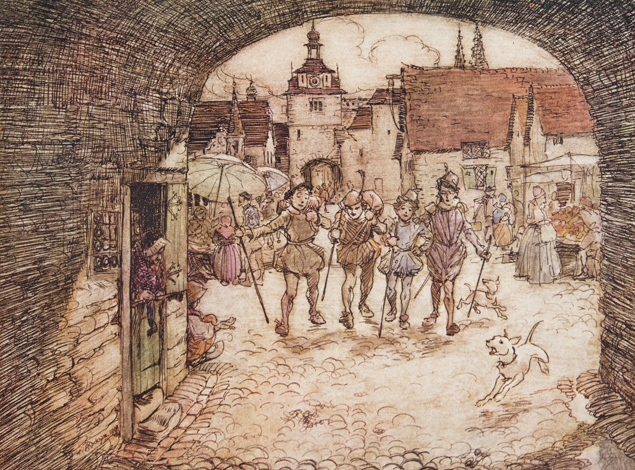 So nahmen die vier Brüder ihre Stöcke in die Hand, verabschiedeten sich von ihrem Vater und verließen das Stadttor, aus Die Märchen der Brüder Grimm, veröffentlicht 1909 von Arthur Rackham