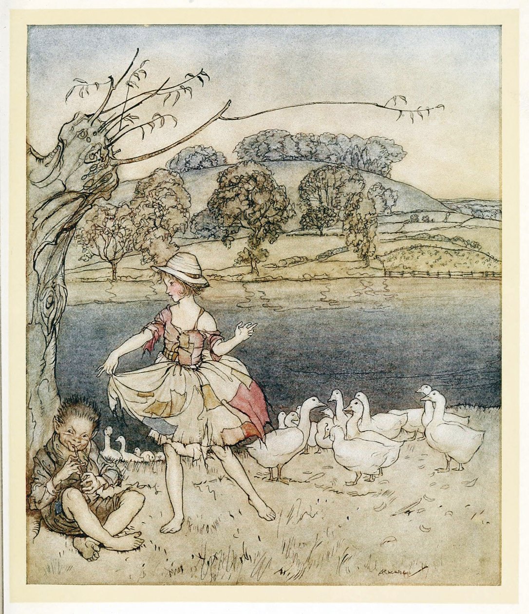Tattercoats tanzt, während der Gänsehirte pfeift, aus Englische Märchen, 1922 von Arthur Rackham