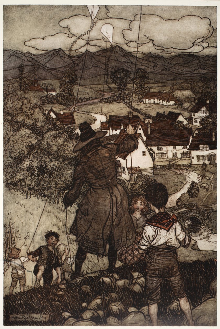 Sie lehrten sie, Drachen steigen zu lassen., aus Rip Van Winkle von Washington Irving, veröffentlicht 1910 von Arthur Rackham