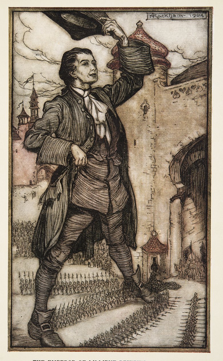 Der Kaiser von Lilliput inspiziert seine Truppen, aus Gullivers Reisen von Jonathon Swift, veröffentlicht 1909 von Arthur Rackham