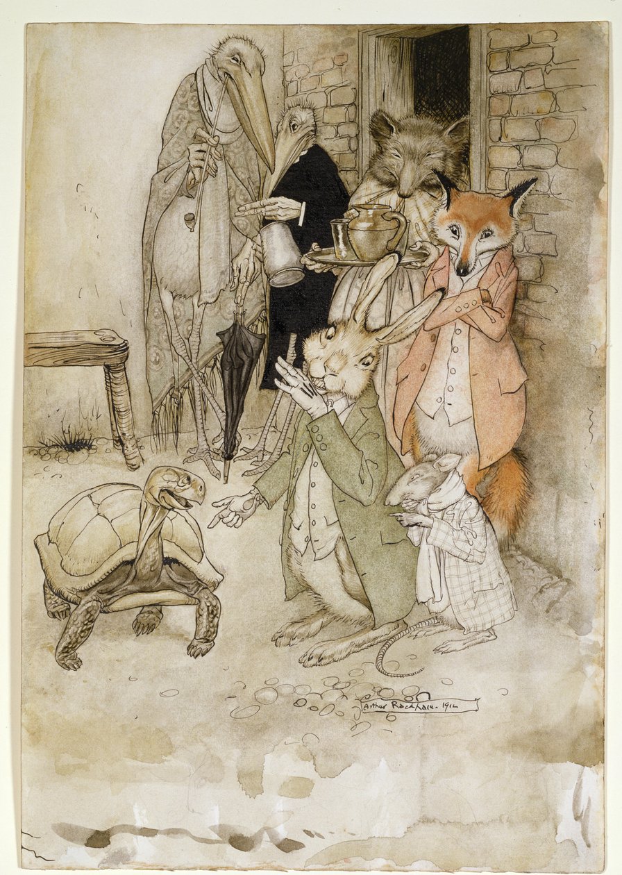 Der Hase und die Schildkröte, Illustration aus Aesops Fabeln, veröffentlicht von Heinemann, 1912 von Arthur Rackham