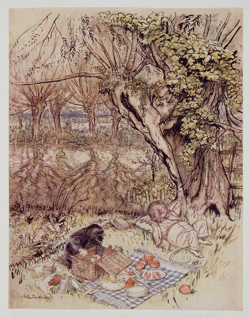 Der Maulwurf bat als Gefallen, alles selbst auspacken zu dürfen, aus Wind in den Weiden von Kenneth Grahame (1859 - 1932), veröffentlicht 1940 von Arthur Rackham