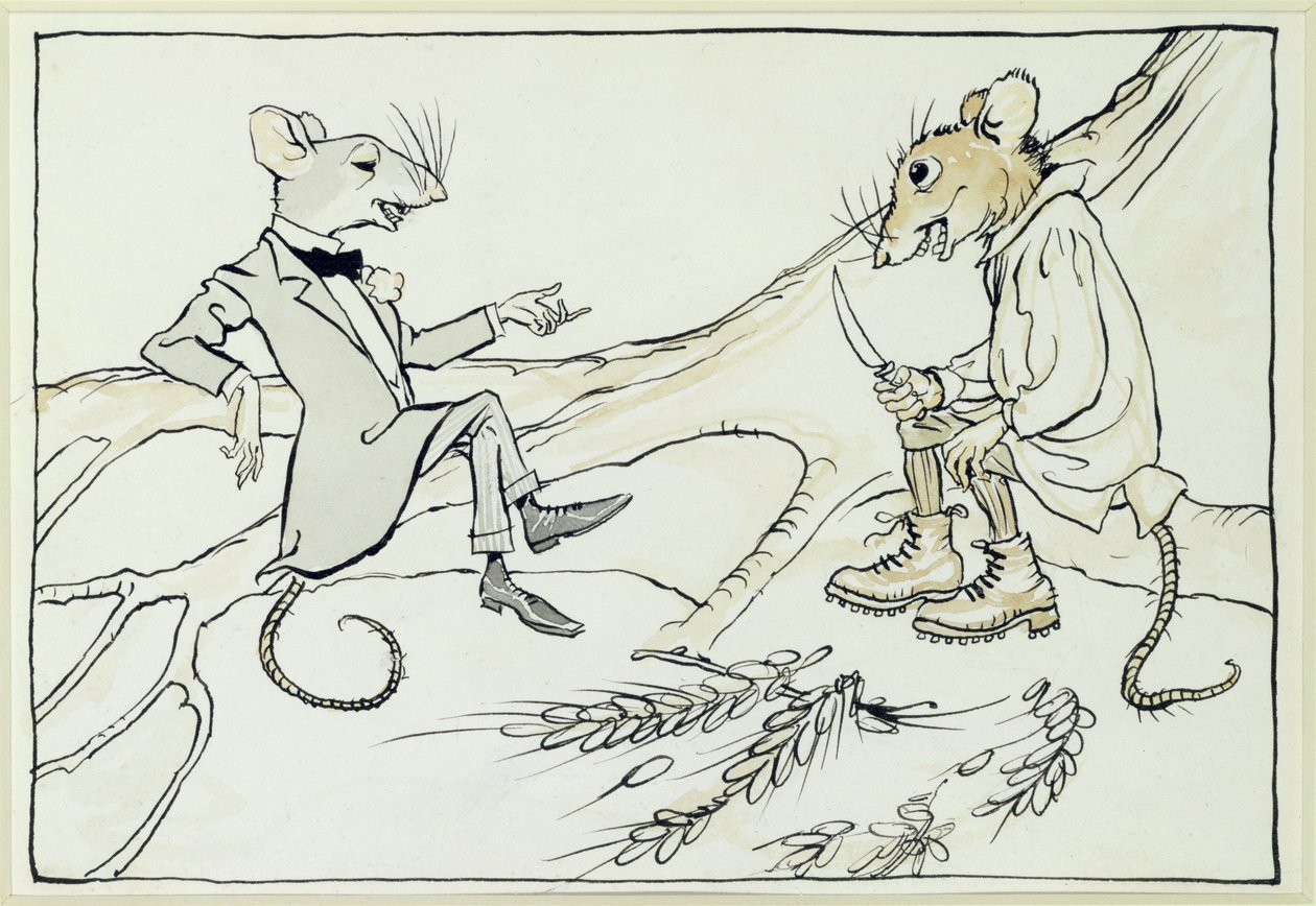 Die Stadtmaus und die Landmaus, Illustration aus Äsops Fabeln, veröffentlicht 1912 von Arthur Rackham