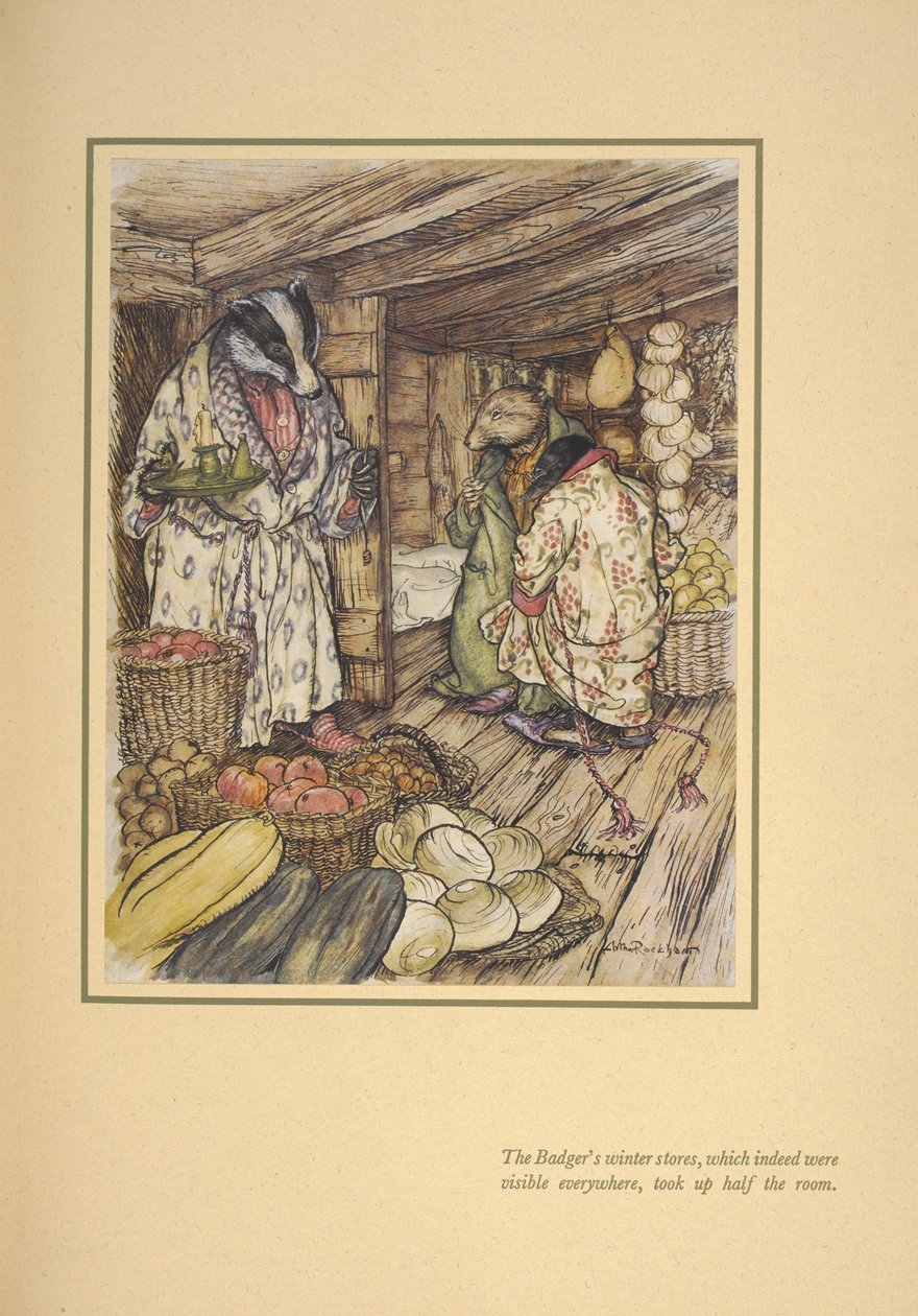 Die Wintervorräte des Dachses, die tatsächlich überall sichtbar waren, nahmen den halben Raum ein. von Arthur Rackham