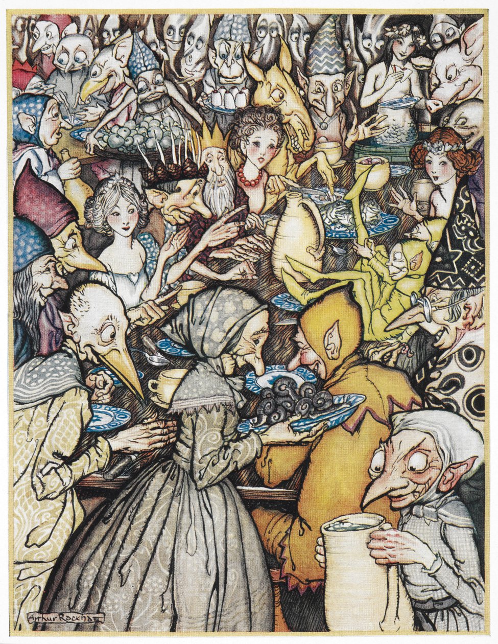 "Das Bankett, bei dem die wirklich große Gesellschaft versammelt war". Der Elfenkönig mit einer goldenen Krone, seine Töchter und Kobolde und Trolle versammeln sich zu einem Mahl. Illustration für 